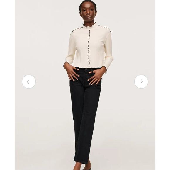 Mango MNG Ribbed Long Sleeve T-Shirt Cream Black Lettuce Edge Trim Mock Neck XS - Picture 9 of 13